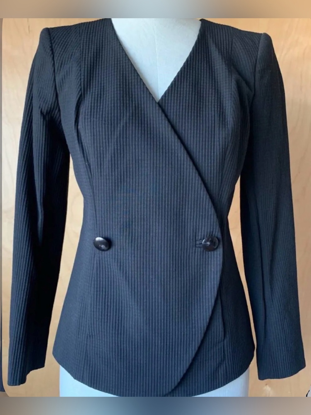 Brooks Brothers Black Pinstripe Wrap-Front Blazer